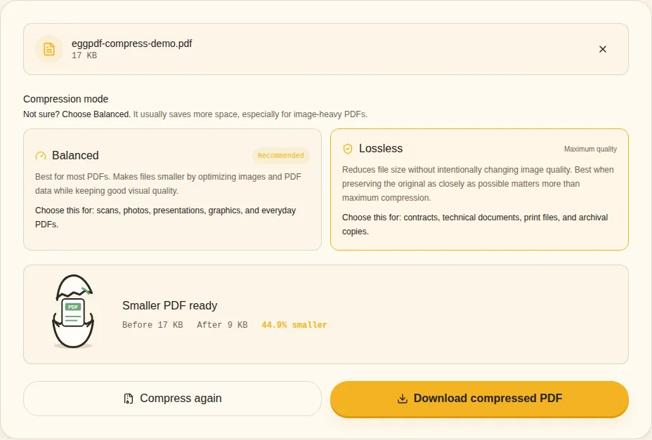 Compare before and after. Before / After / PDF ready