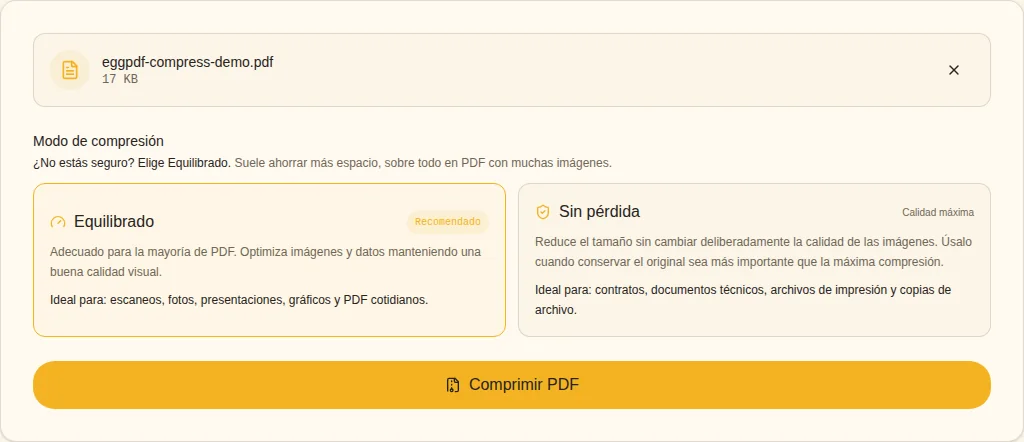 Elegir el modo. Equilibrado / Sin pérdida