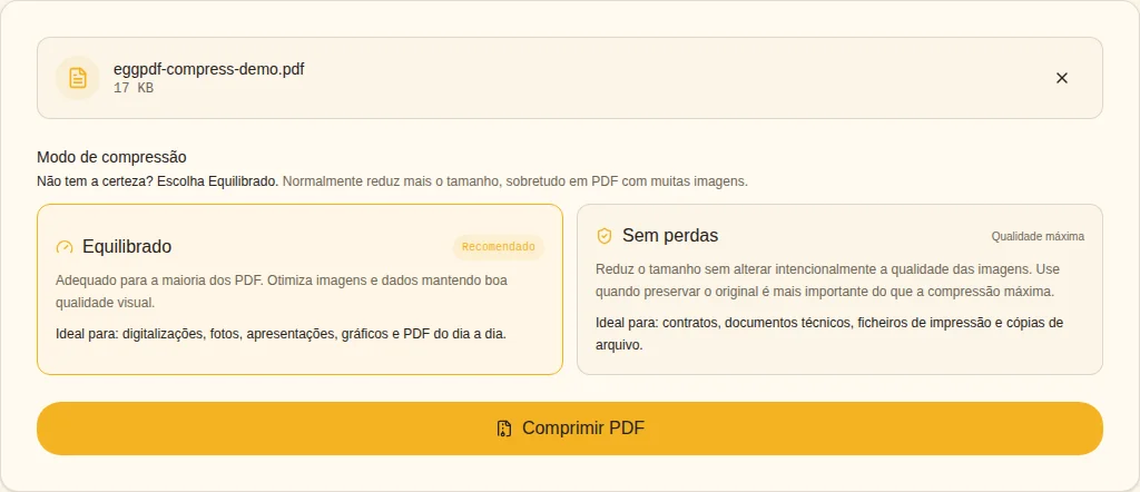 Escolher o modo. Equilibrado / Sem perdas