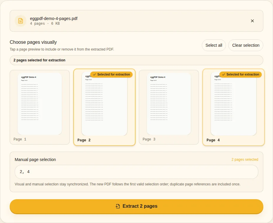 Check the selection. Selected pages
