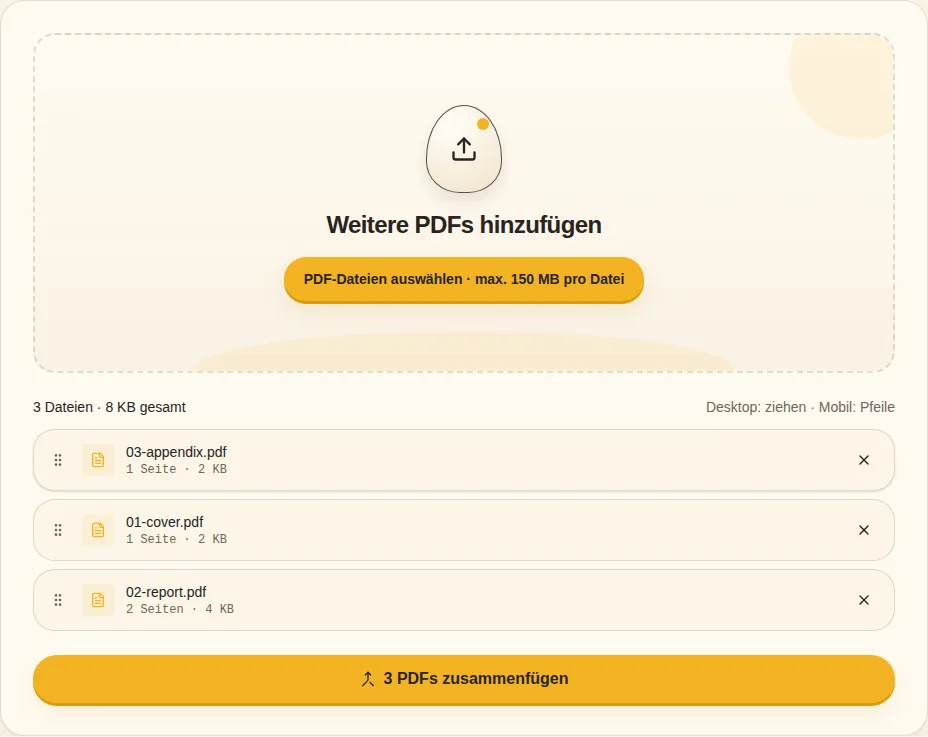 Lokal zusammenfügen. PDFs zusammenfügen