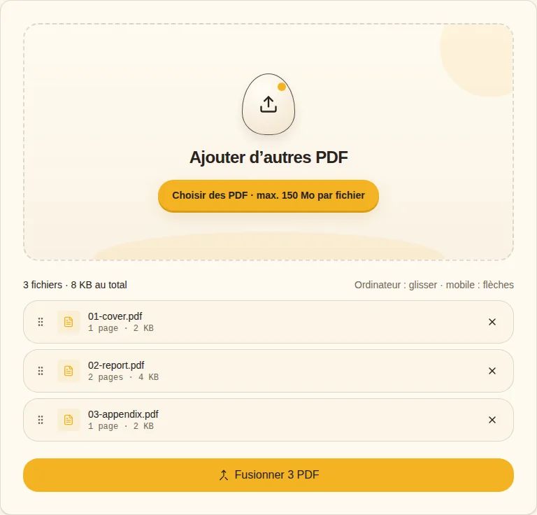 Définir l'ordre. Glisser / Avant / Après