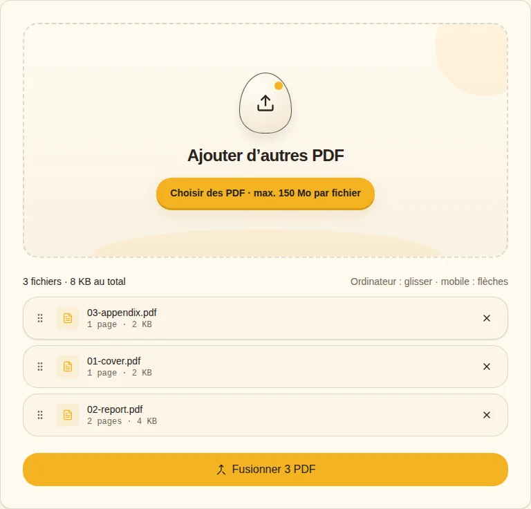 Fusionner localement. Fusionner les PDF