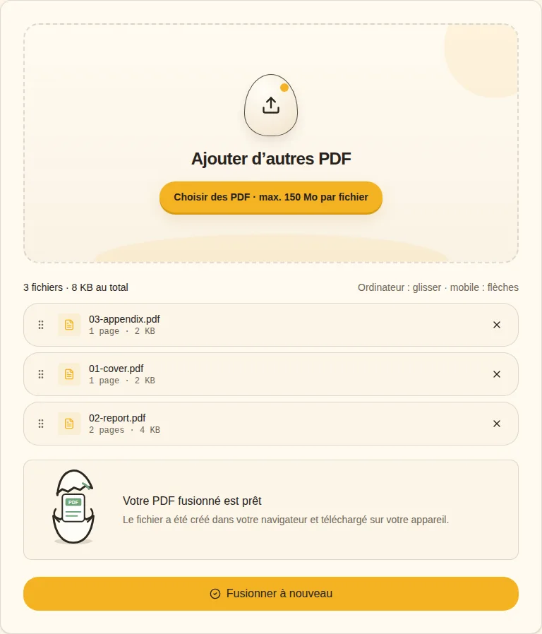 Vérifier le résultat. PDF fusionné prêt