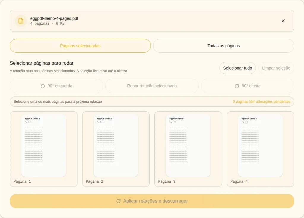 Selecionar páginas. Páginas selecionadas