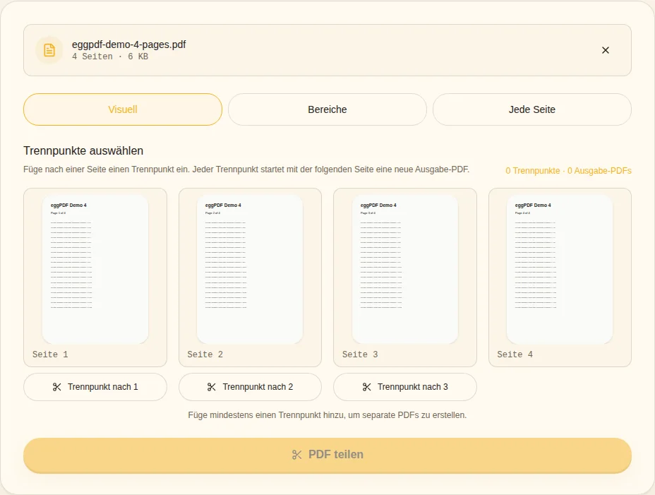 Teilungsmethode wählen. Visuell / Bereiche / Jede Seite