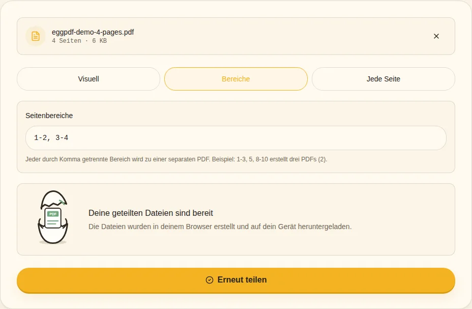 Teilen und prüfen. Geteilte Dateien sind bereit