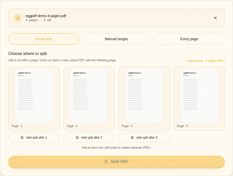 Choose a split method. Visual cuts / Manual ranges / Every page