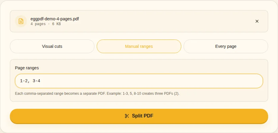 Set boundaries. Split after page / Page ranges
