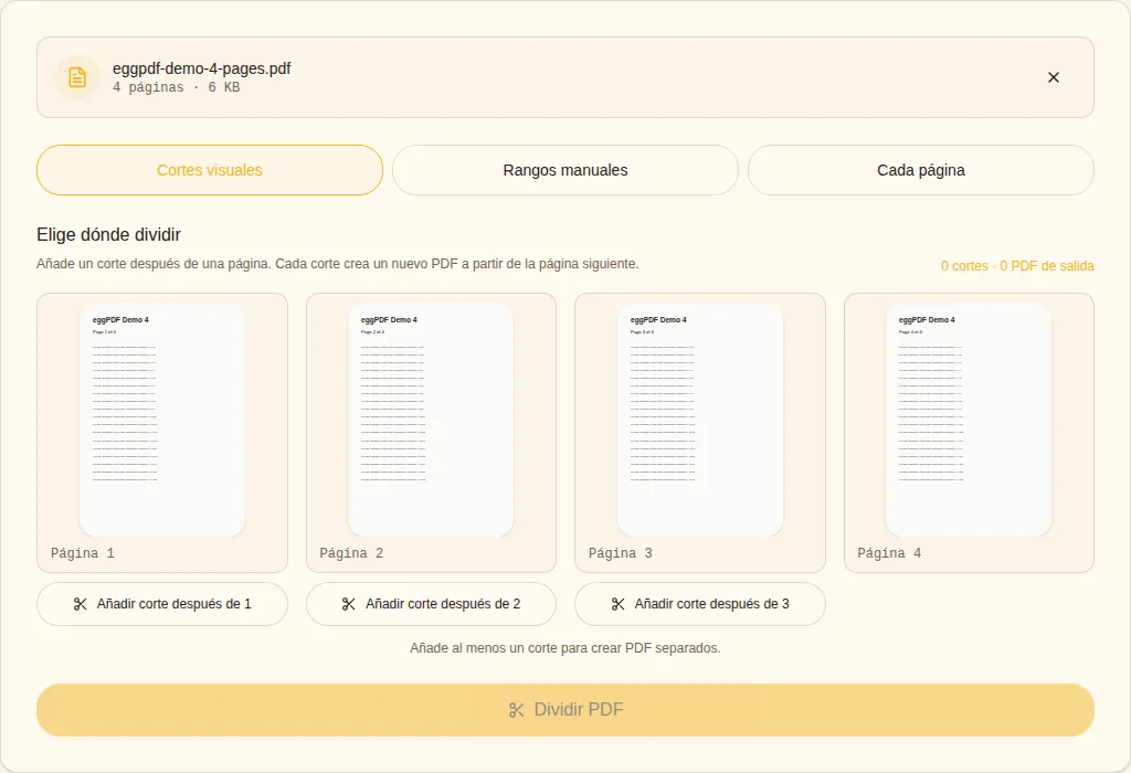 Elegir método. Cortes visuales / Rangos / Cada página
