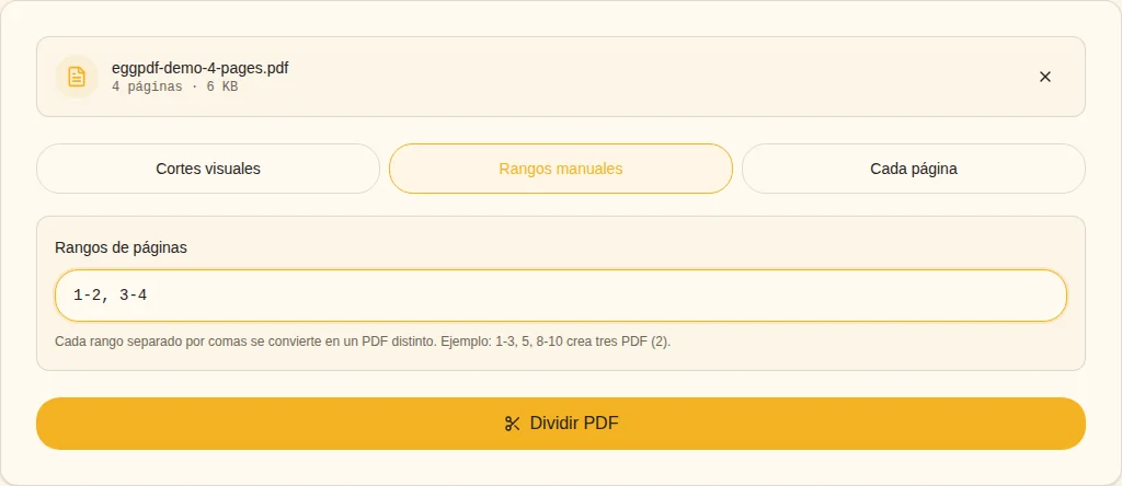 Definir límites. Dividir después / Rangos de páginas