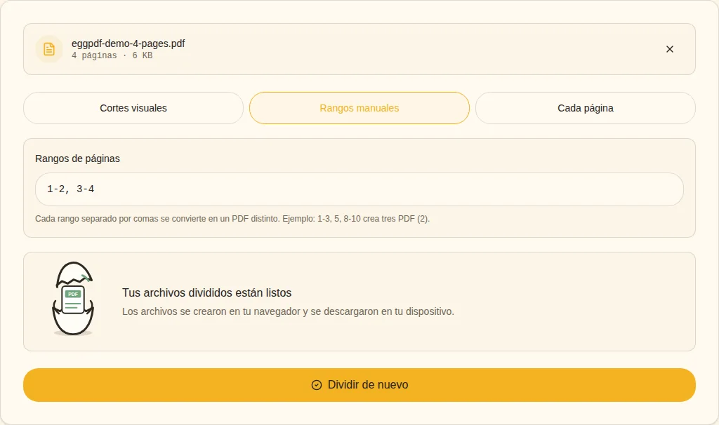 Dividir y comprobar. Archivos divididos listos