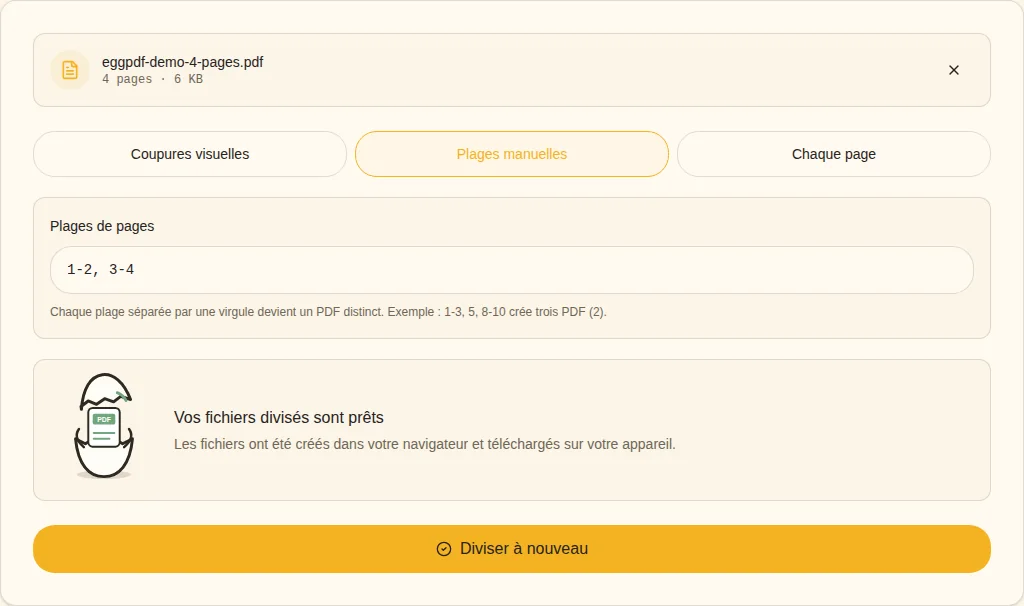 Diviser et vérifier. Fichiers divisés prêts