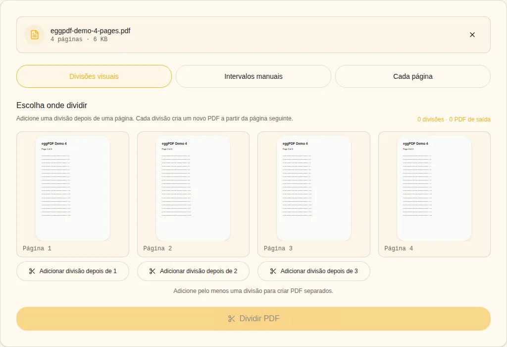 Escolher o método. Divisões visuais / Intervalos / Cada página