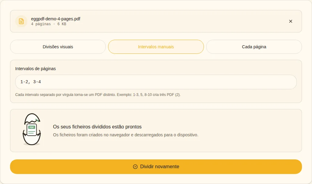 Dividir e verificar. Ficheiros divididos prontos
